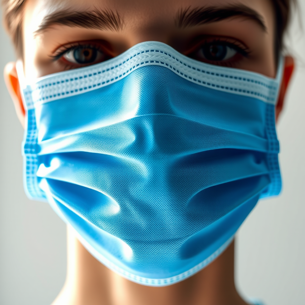 create a high-resolution digital illustration of a blue medical mask with realistic shading and texture, captured with a Canon EOS R5 camera, using a 50mm lens at f/1.8, in a close-up view, with soft natural lighting for enhanced detail and clarity