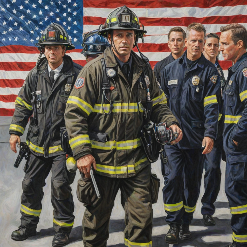 acrylic illustration of realistic first responders, fireman, policeman, emts, doctors, nurses, military