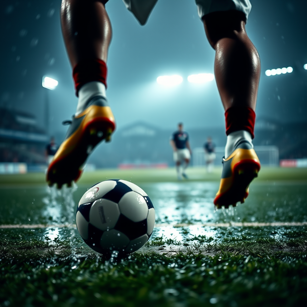 Blurry action shot of a soccer player dribbling the ball down a rain-soaked field, soft light from the stadium illuminating the scene, with water spraying up from their cleats and distant teammates watching intently.