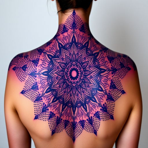 Enchanting dotwork mandala tattoo adorning the upper back and shoulders with intricate patterns radiating outward in gradient shades of purple and indigo creating a hypnotic three-dimensional effect