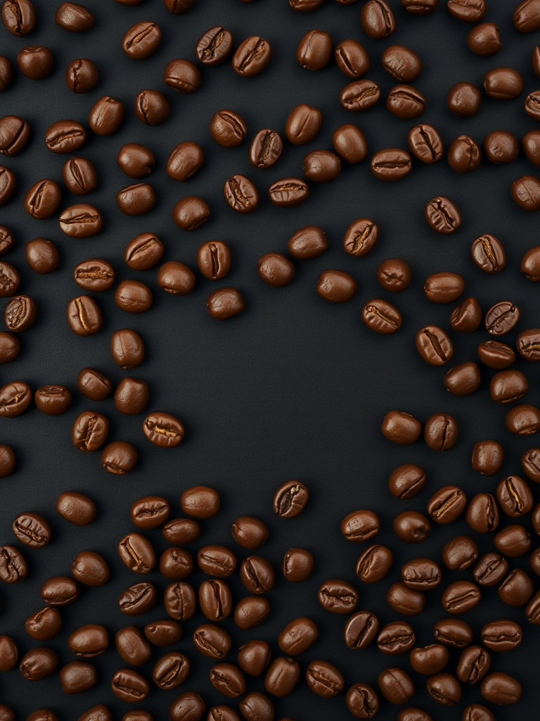 Create a seamless pattern of coffee beans scattered randomly on a black background, with a macro lens, f-stop 2.8, ISO 100, shot from a top-down view using a DSLR camera.