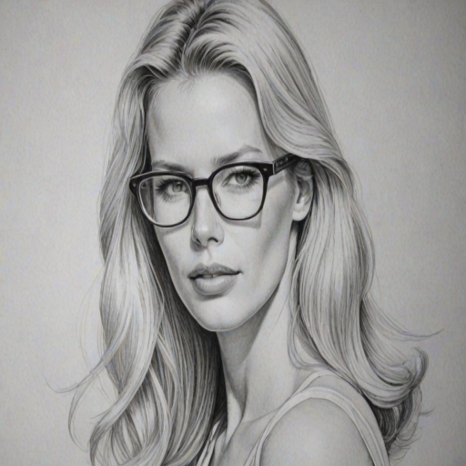 Ravishing Claudia Schiffer, pencil sketch, portrait of Radiant woman 1949s in glasses, hair style beatnik, outline, clear lines, fine lines, 8k