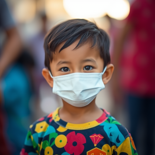 portrait of a young child wearing a mask in a colorful shirt with a blurred background, shot with a DSLR camera at f/2.8, 50mm lens, ISO 200, 1/500s, natural light, shallow depth of field, soft bokeh effect