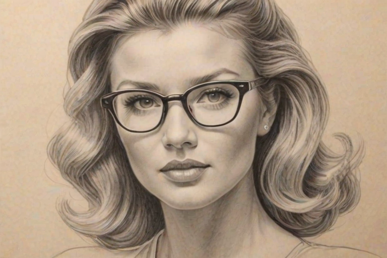 Dazzling Joanna Krupa, pencil sketch, portrait of Fetching woman 1937s in glasses, hair style beatnik, outline, clear lines, fine lines, 8k