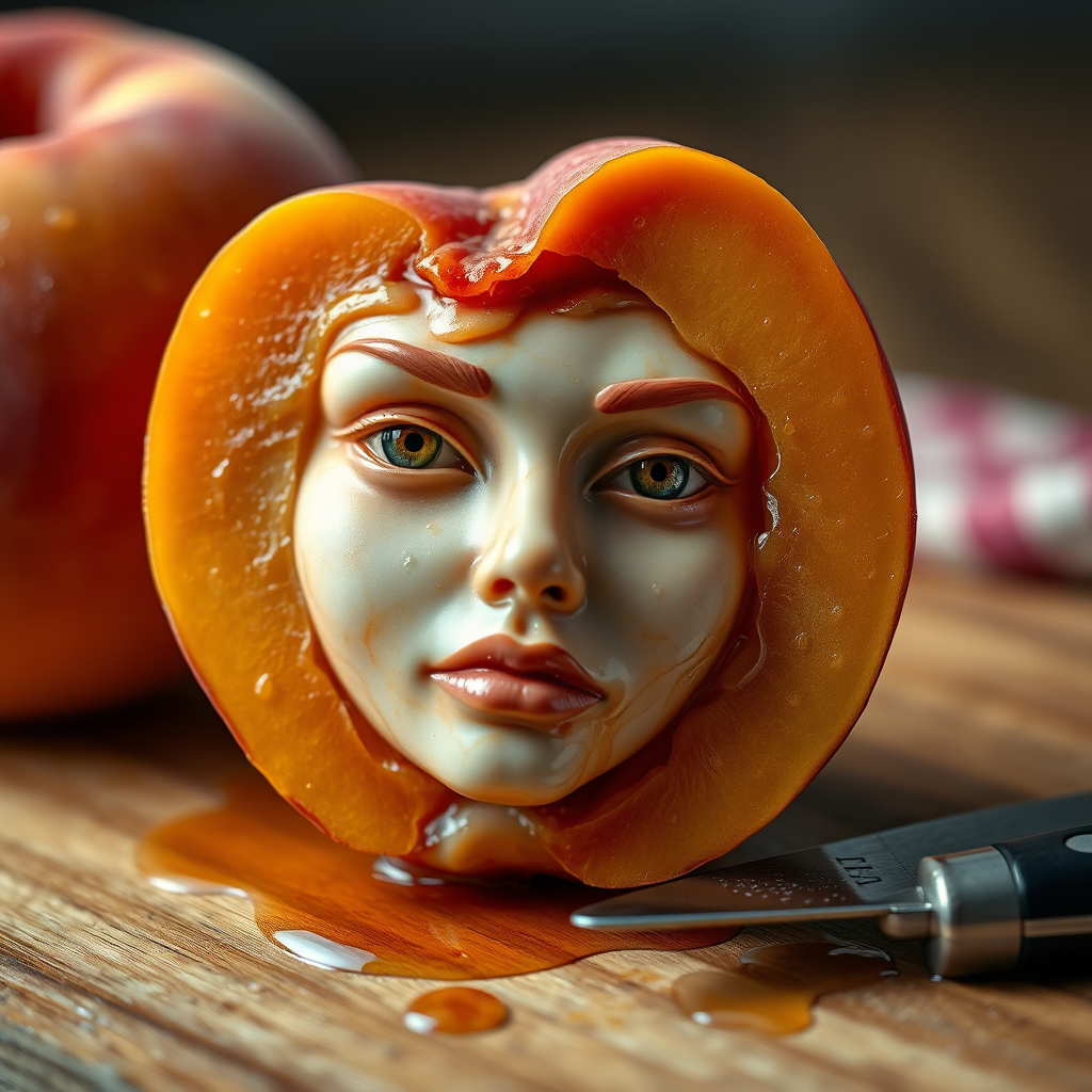 A hyperdetailed photorealistic macro color saturated high resolution image of a peach cut in half, with the peach pit being a highly detailed sculpted woman's face with her eyes open and peach-colored irises. The face has a marble texture. The image includes condensation, moisture, and peach juice. The peach is on a wooden cutting board with a small fruit knife nearby, also covered with juice.