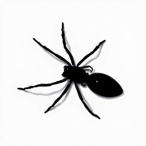 Regenerate the image of a stylized black silhouette of a spider against a plain white background, utilizing a Canon EOS R5 with a 50mm f/1.2 lens at ISO 100, aperture f/8, shutter speed 1/200s, in a top-down view style with soft natural lighting for enhanced clarity and detail.