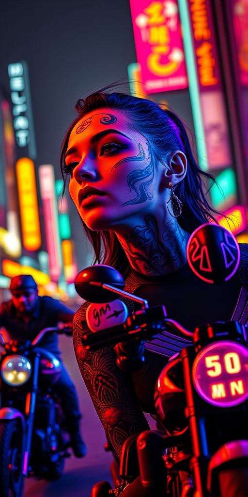 Create a vibrant cyberpunk scene featuring a futuristic woman with intricate facial tattoos and neon colors, with three bikers in the foreground, shot using a Canon EOS R5 at f/2.8, ISO 100, 1/200s, in a wide-angle view to capture dynamic city lights and motion blur, using a low-angle perspective for dramatic effect.