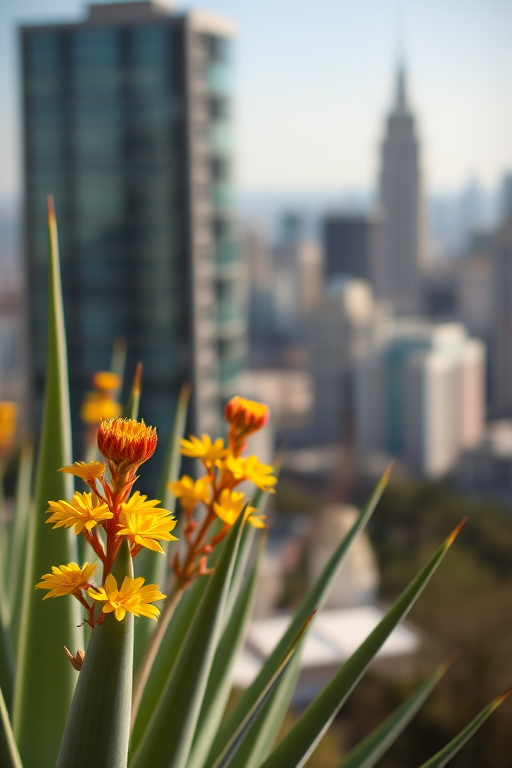 Aloe plants with yellow flowers in focus against a blurred cityscape background, taken with a Canon EOS 90D, 50mm lens, aperture f/2.8, ISO 100, daylight setting.