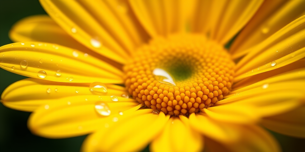 close-up shot of a vibrant yellow daisy with water droplets on the petals, shallow depth of field, f/2.8 aperture, 1/1000 sec shutter speed, ISO 200, macro lens, soft natural lighting, DSLR camera