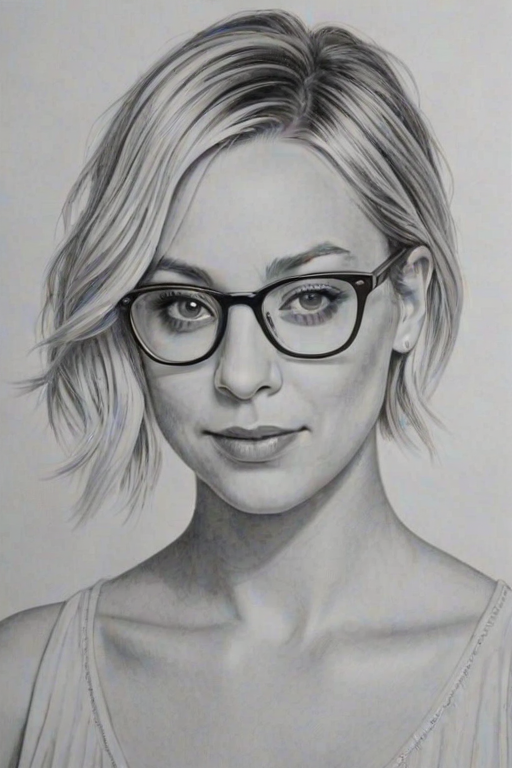 Fascinating Kaley Cuoco, pencil sketch, portrait of Radiant woman 1928s in glasses, hair style beatnik, outline, clear lines, fine lines, 8k