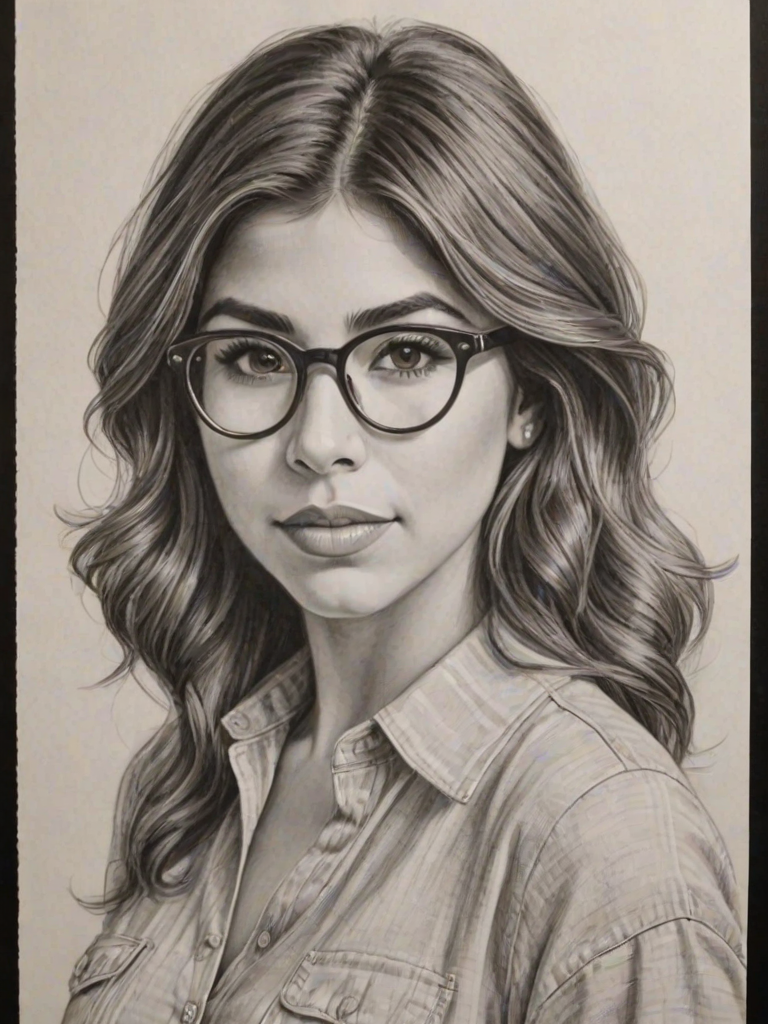 Stunning Daniella Monet, pencil sketch, portrait of Gorgeous woman 1931s in glasses, hair style beatnik, outline, clear lines, fine lines, 8k