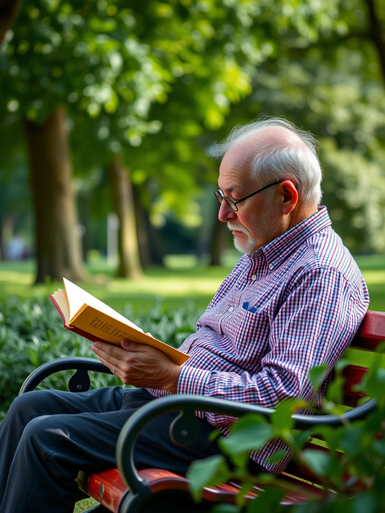A senior man reading a book on a park bench surrounded by lush greenery, captured with a Canon EOS R5, 50mm lens, f/1.8 aperture, 1/2000 sec shutter speed, natural lighting, shallow depth of field for a blurred background effect.