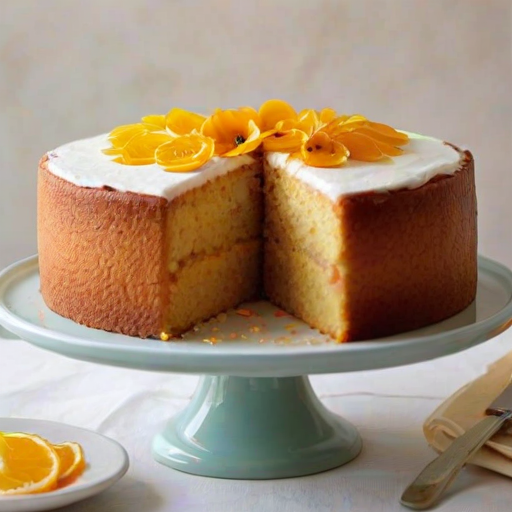 Create a vibrant and inviting image of a freshly baked orange cake. The cake should be round and golden, with a smooth, slightly caramelized top. Decorate it with thin slices of orange, delicate edible flowers, and fresh green leaves. The scene should have a soft, natural light, highlighting the cake's texture, and there should be a slice cut out to show the moist interior. Place the cake on a white cake stand with a light, airy background.