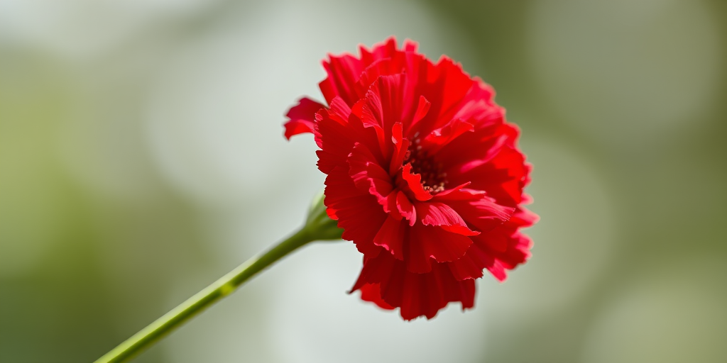 red carnation flower on green stem, low angle view, macro photography, f/2.8 aperture, 100mm lens, natural lighting, high dynamic range, smooth background blur