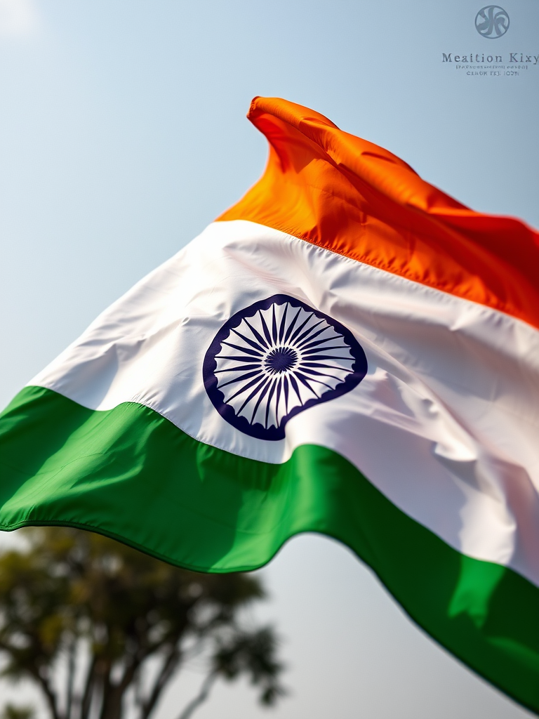 Generate a high-resolution image of the Indian flag waving in the wind, using a DSLR camera with a 50mm lens, aperture set to f/1.8, shutter speed at 1/2000 sec, ISO 100, captured from a low angle to emphasize movement and texture.