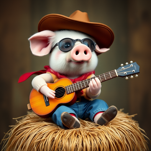 A chibi pig, dressed as a cowboy, playing guitar, sitting on a hay bale