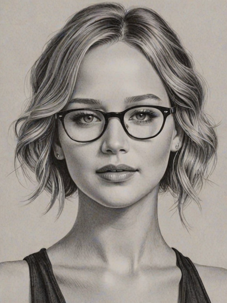 Stunning Jennifer Lawrence, pencil sketch, portrait of Dazzling woman 1928s in glasses, hair style beatnik, outline, clear lines, fine lines, 8k