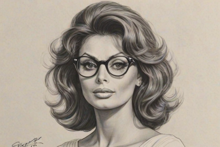 Fetching Sophia Loren, pencil sketch, portrait of Radiant woman 1972s in glasses, hair style beatnik, outline, clear lines, fine lines, 8k