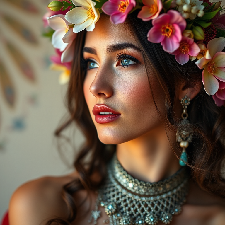 generate a highly detailed portrait of a woman with colorful flowers in her hair, soft pastel colors, and intricate jewelry, using a DSLR camera with a 50mm lens, f/1.8 aperture, ISO 100, and soft natural lighting to enhance image quality and depth.