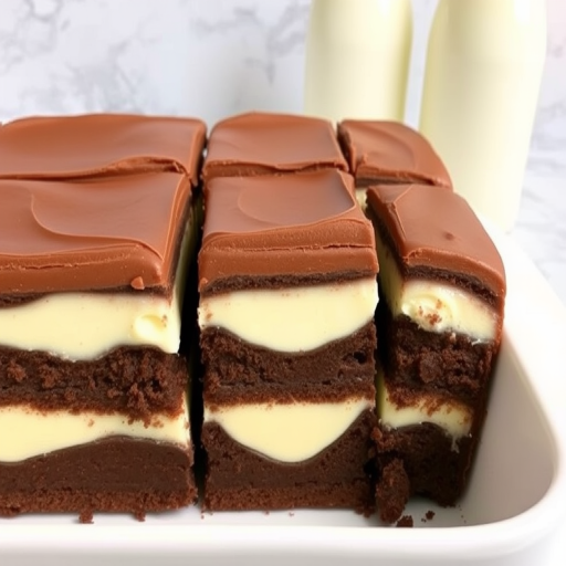 A delicious layered dessert with a smooth chocolate mousse topping over rich chocolate cake and creamy vanilla filling cut into squares served in a white dish with a marble background and milk bottles in the background.