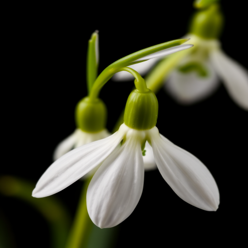 Close-up of two snowdrop flowers on a black background, shot with a macro lens at f/2.8, ISO 100, 1/200 sec, using a DSLR camera in natural light.
