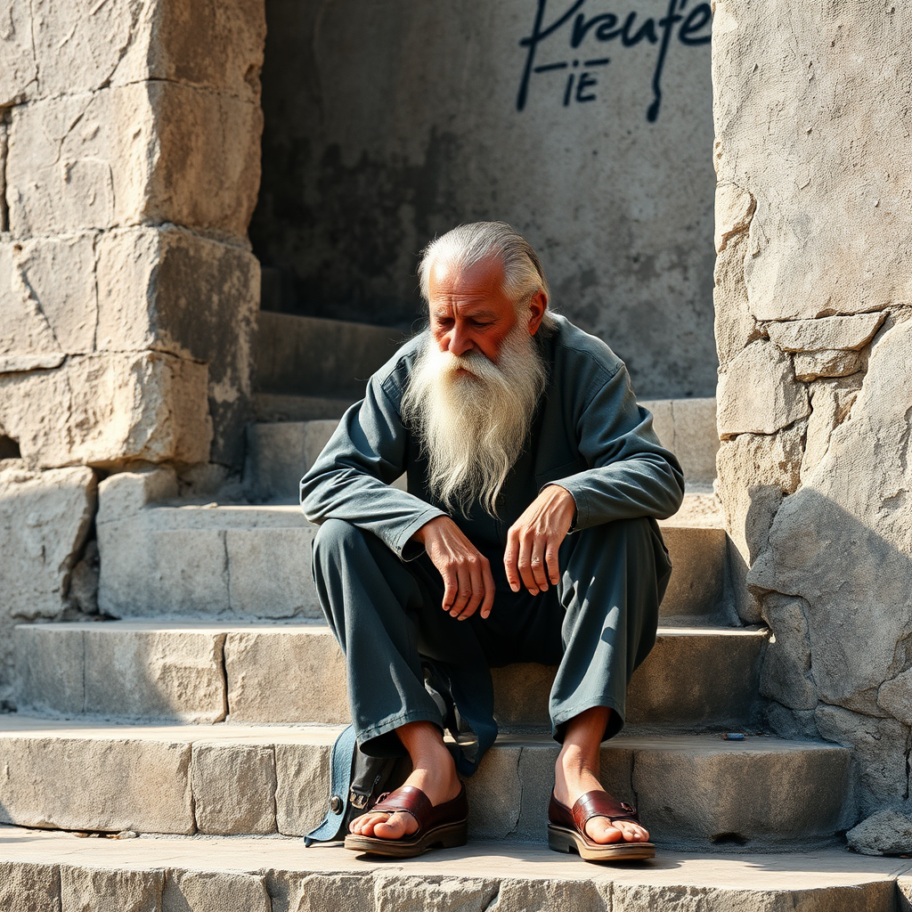 A weathered old man with a long white beard sitting on stone steps, looking down pensively, surrounded by a textured, weathered wall, captured in natural light, using a Canon EOS R5 with a 50mm f/1.2 lens, aperture f/2.8, shutter speed 1/125 sec, ISO 100, in portrait orientation for a soft background blur.