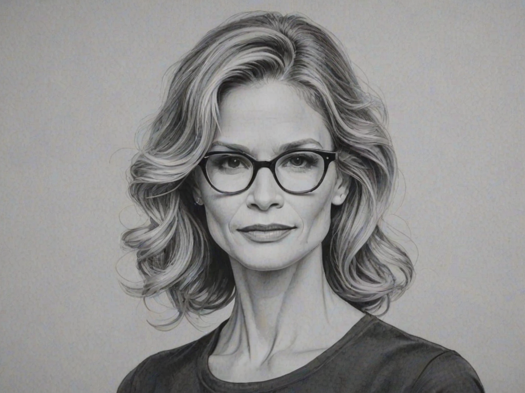 Exquisite Kyra Sedgwick, pencil sketch, portrait of Graceful woman 1951s in glasses, hair style beatnik, outline, clear lines, fine lines, 8k