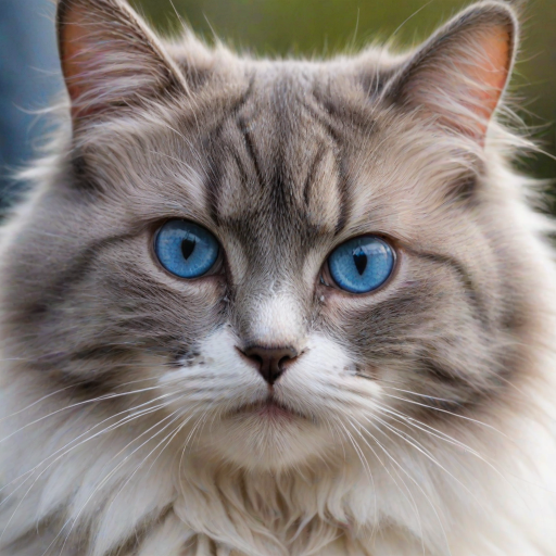 A close-up of a fluffy gray and white cat with striking blue eyes, looking directly at the camera with a serious expression against a blurred natural background.