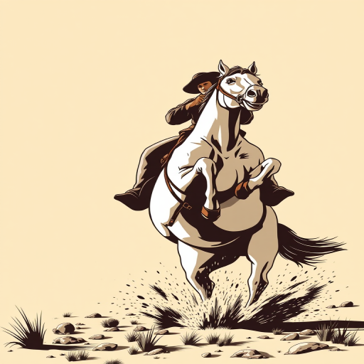 Create a detailed illustration of a cowboy riding a rearing horse, with high contrast and clean lines, using a DSLR camera with a 50mm lens, f/1.8 aperture, ISO 100, captured from a low angle to emphasize action and depth, in a vector art style.