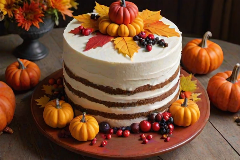 Create an image of a beautifully decorated cake featuring autumn elements. The cake should have a smooth white frosting and be adorned with vibrant fall leaves in shades of red, orange, and yellow. Include small pumpkins and berries for added decoration. The overall design should evoke a festive autumn atmosphere.