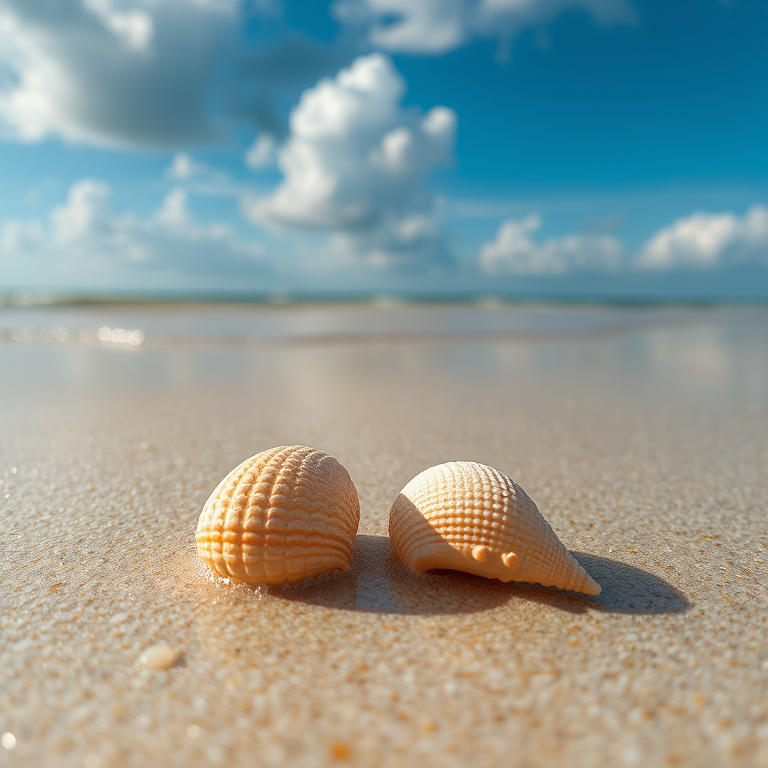 Close-up of two seashells on a sandy beach with gentle waves lapping at the shore, vibrant blue sky with fluffy clouds above, Canon EOS R5, 24-70mm f/2.8 lens, aperture f/8, ISO 100, shutter speed 1/200 sec, natural light, low angle view, high resolution.