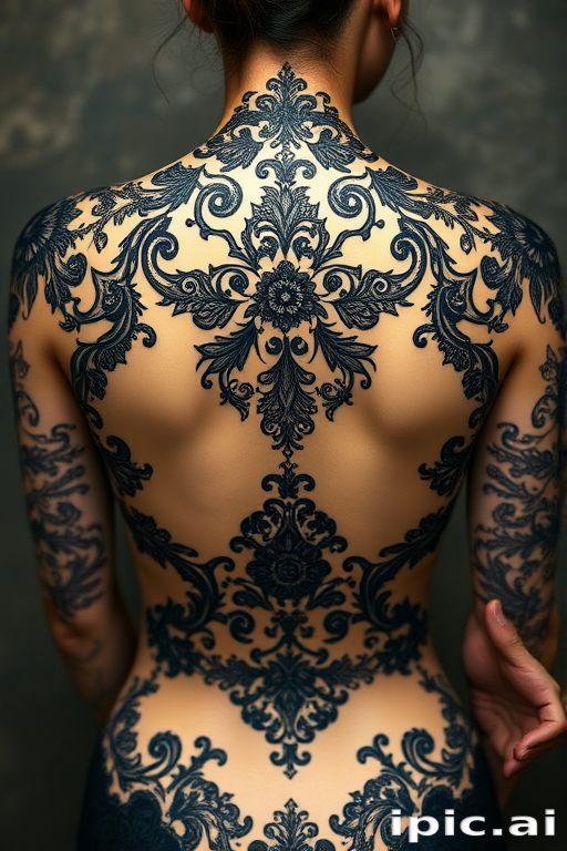 Ornate blackwork body tattoo showcasing intricate lace patterns and filigree designs across the shoulders and upper back, creating a stunning illusion of gothic jewelry