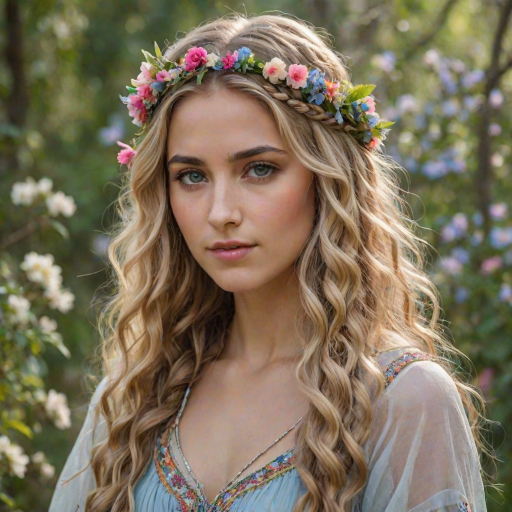 Create an image of a young Chaldean woman with long, wavy blonde hair, adorned with small, colorful flowers woven into her braids and loose strands. Her complexion is fair, with soft, glowing skin, and she has light blue eyes that gaze softly at the viewer. She wears a light, flowing dress with a gentle, ethereal quality, complementing her delicate and serene appearance. The background is slightly blurred, drawing focus to her tranquil expression and the intricate details of the flowers in her hair. The overall mood of the image is one of natural beauty and grace, evoking a sense of peacefulness and connection with nature.