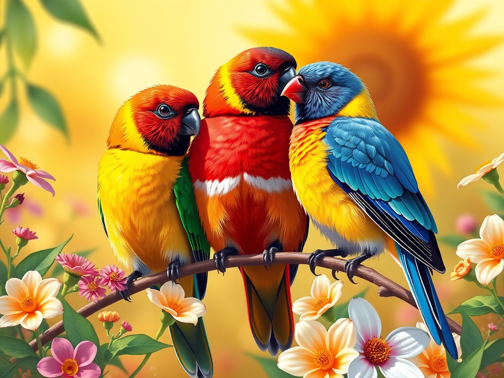A vibrant illustration of three colorful birds perched on a branch surrounded by flowers and a sunny background, captured with a DSLR camera, aperture f/4.5, shutter speed 1/200s, ISO 100, using a macro lens for enhanced detail and clarity.