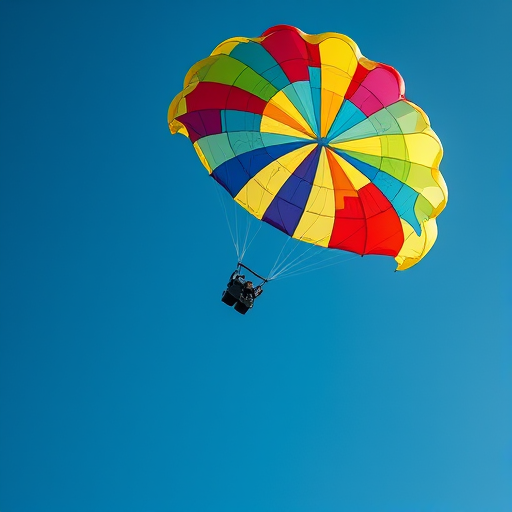 capture a vibrant parachute against a clear blue sky, focus on the intricate patterns of the fabric, use a DSLR camera, 50mm lens, aperture f/8, shutter speed 1/2000s, ISO 100, shot from a low angle for dramatic effect