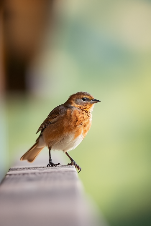 A close-up shot of a brown bird perched on a wooden ledge, soft focus background, shot with a DSLR camera at f/5.6, ISO 200, 1/250s, in natural light to enhance detail and texture.