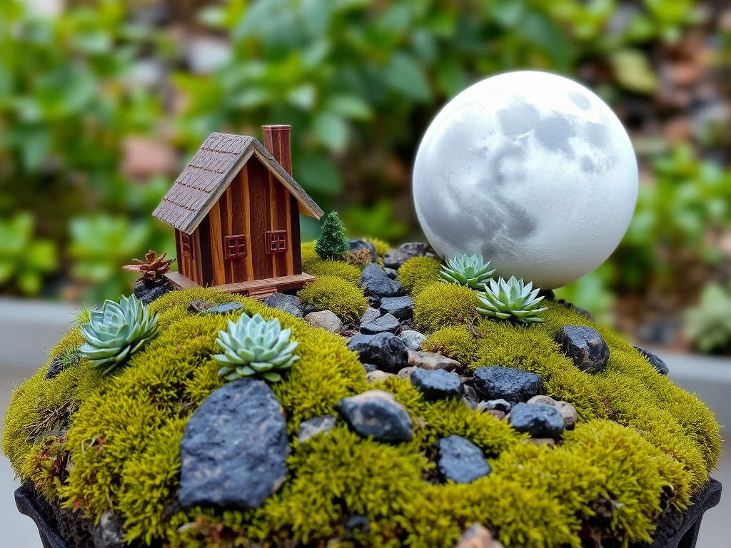 A miniature landscape with moss, succulents, small volcanic rocks, a small wooden house with lights on, and a giant moon
