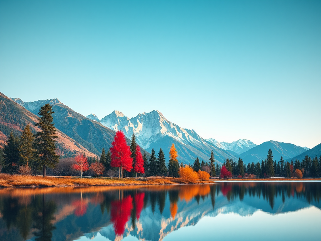 Create a minimalist landscape featuring stylized mountains, trees, and a reflective lake with vibrant colors and geometric shapes, shot with a Canon EOS R5 at f/8, 1/125s, ISO 100, with a wide-angle lens and a soft, diffused light effect.