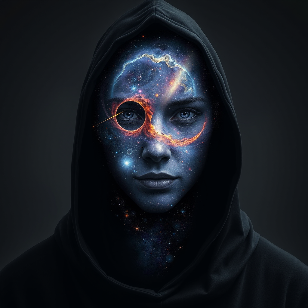 A mysterious hooded figure stands silently, the dark cloak flowing around them like shadows. Beneath the hood, their face is a mesmerizing cosmic scene where swirling galaxies, radiant stars, and vibrant planets form the features. Nebulas drift where eyes should be, glowing softly, while delicate streaks of cosmic energy trace the outlines of a nose and lips. Comets streak across the vastness of their face, and faint constellations pulse with life. The entire visage shifts and evolves as if the universe itself is contained within the figure, giving an ethereal, otherworldly presence to their form.
