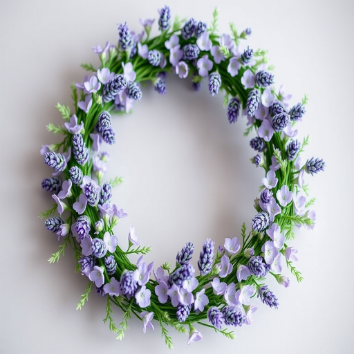 Create a circular floral wreath with delicate lavender flowers and green foliage, captured with a DSLR camera at f/2.8 aperture, ISO 100, and a 50mm lens, in a soft-focus, natural light setting to enhance color vibrancy and details.
