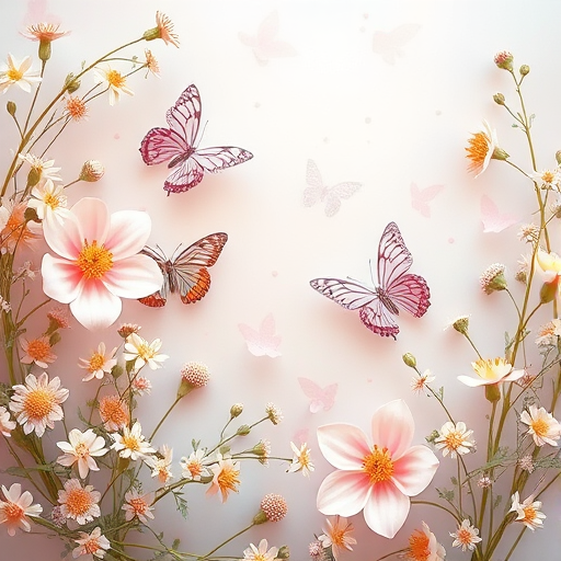 Create an image of a whimsical floral design featuring delicate butterflies in a soft pastel color palette, photographed with a Canon EOS R5 at f/2.8, ISO 100, 1/250s, with a soft bokeh background and top-down view for enhanced depth and clarity.