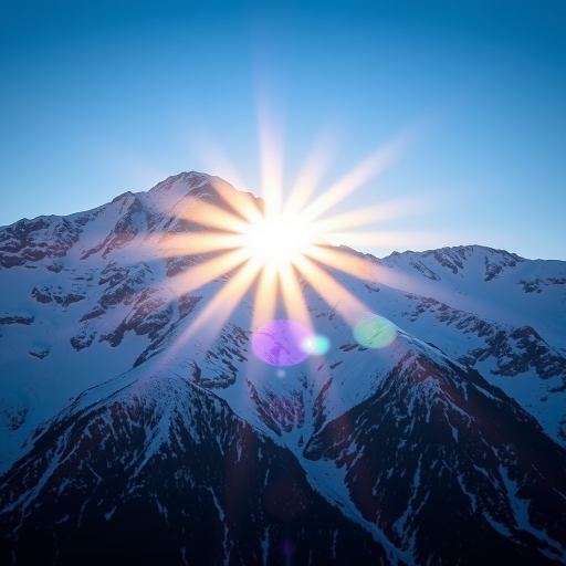 Capture a radiant snowy mountain landscape at sunrise with a sharp focus on the peak, using a Canon EOS 5D Mark IV with a 24-70mm lens at f/8, ISO 100, and a shutter speed of 1/250s, shot from a low angle to emphasize the grandeur of the mountains while maintaining a clear blue sky backdrop.
