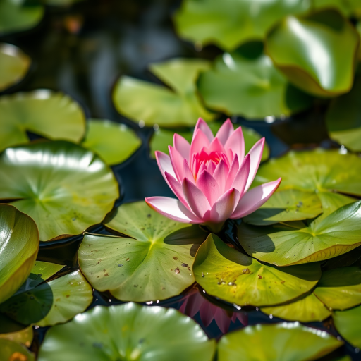 Capture a close-up of a pink water lily amidst green lily pads on a still pond, using a DSLR camera with a 50mm lens, aperture set at f/2.8 for shallow depth of field, ISO 100 for clarity, and a shutter speed of 1/200s to freeze motion, in natural daylight.