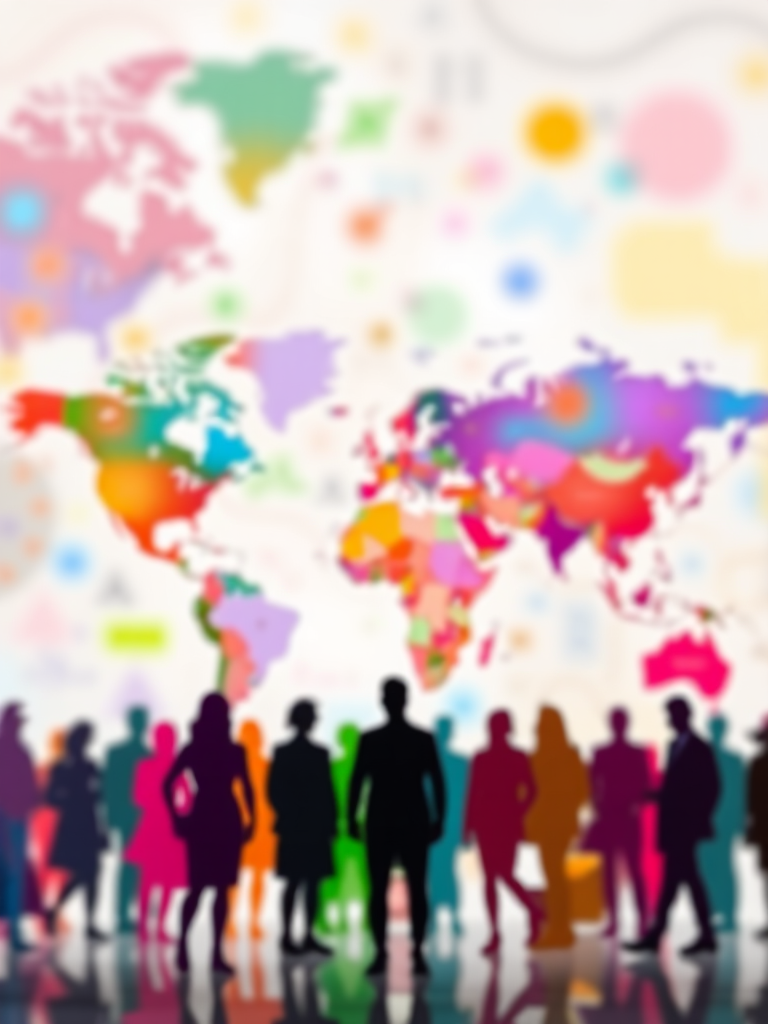 Create an abstract illustration featuring colorful silhouettes of people in front of a world map, use a depth of field effect with soft focus, employ vibrant color gradients, shot with a DSLR camera at f/2.8, 50mm lens, ISO 100, in landscape orientation.