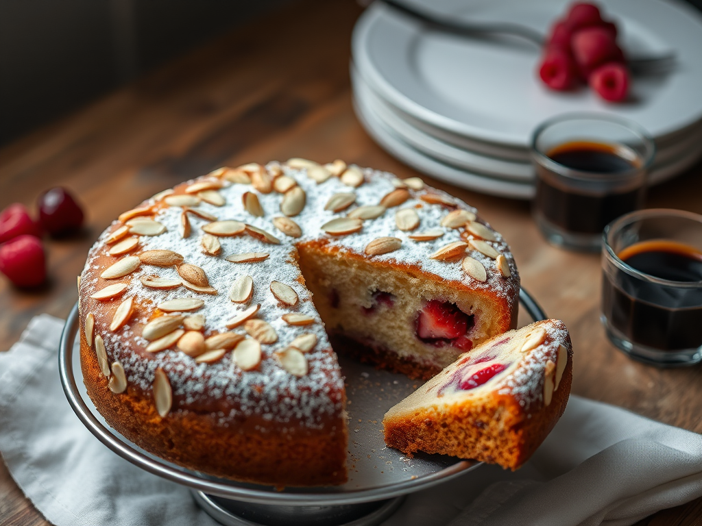 A beautifully baked almond cake topped with sliced almonds and powdered sugar, with a slice removed revealing a moist interior filled with berries, set on a round metal cake stand, accompanied by a small glass of black coffee and a stack of plates in the background.