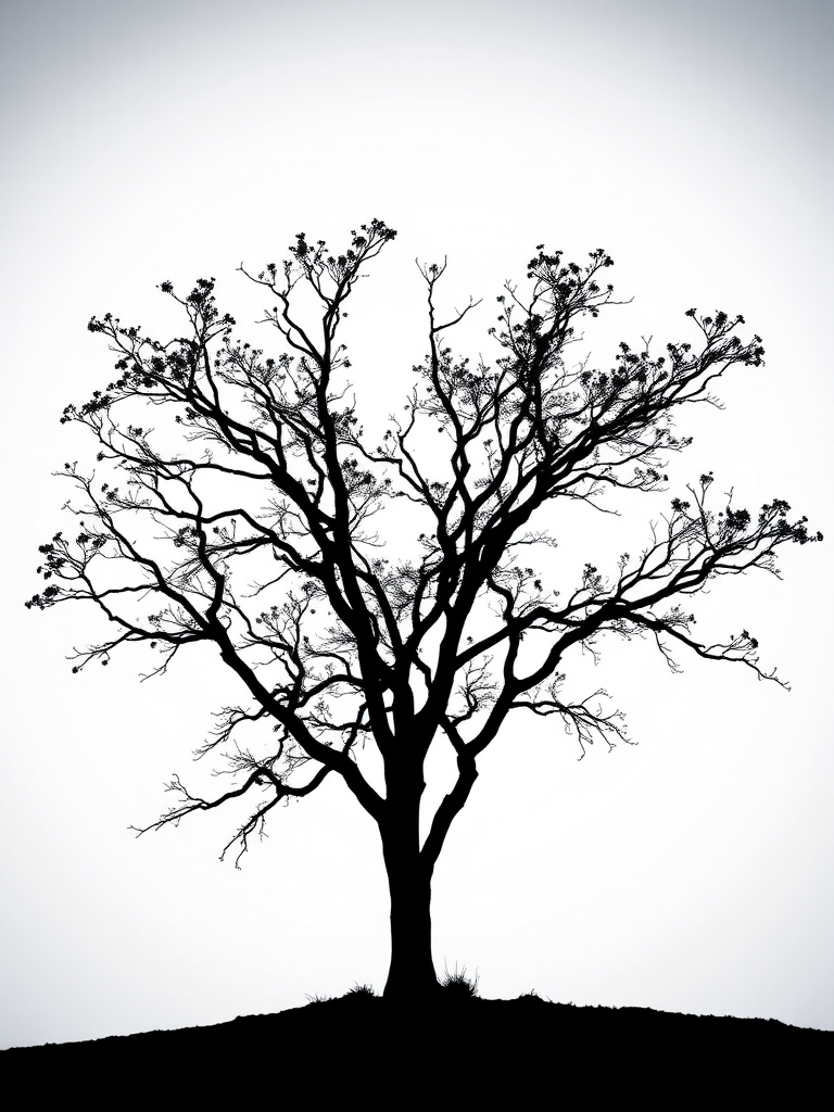 Create a high-resolution image of a simple black silhouette of a tree on a white background using a DSLR camera with a 50mm lens, aperture set to f/2.8, ISO 100, shot from a low angle for a dramatic effect.