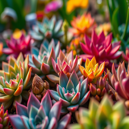 close-up of colorful succulents in a vibrant garden, shallow depth of field, soft natural lighting, macro lens at f/2.8, ISO 100, 100mm focal length, DSLR camera