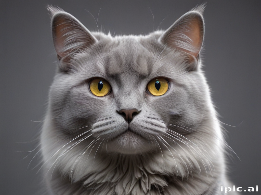 A Majestic Grey Cat with Striking Yellow Eyes Posing Elegantly.