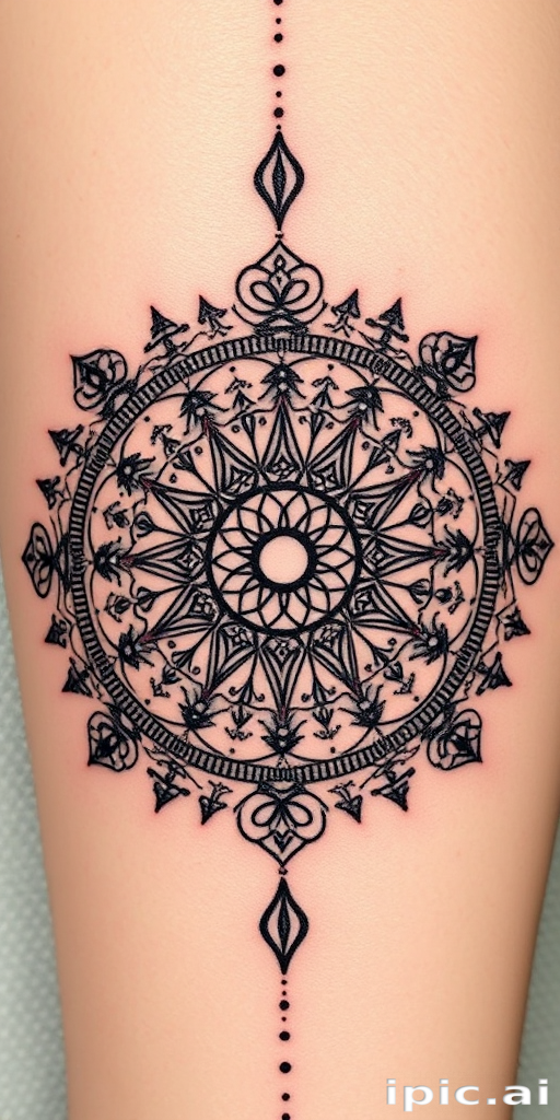 Intricate dotwork "Celestial Mandala" tattoo with precise stippling technique, creating a mesmerizing circular pattern inspired by cosmic elements and sacred geometry