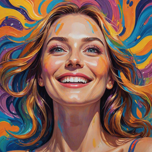 Generate a psychedelic portrait of a woman's happy face with brushstrokes of a woman smiling and looking up at the sky, emphasizing bright and bold colors. The dominant color should be deep blue, with swirling patterns of yellow, green, pink, purple and orange. open blue eyes with long eyelashes, apply an orange-yellow eyeshadow for a mesmerizing effect.